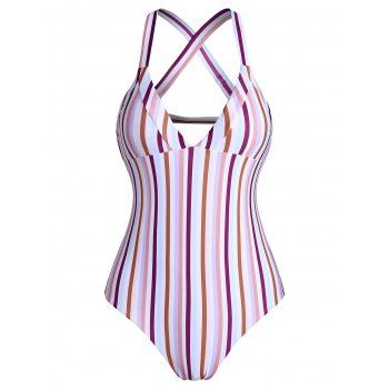

Colorful Striped Back Crisscross One-piece Swimsuit, Multicolor
