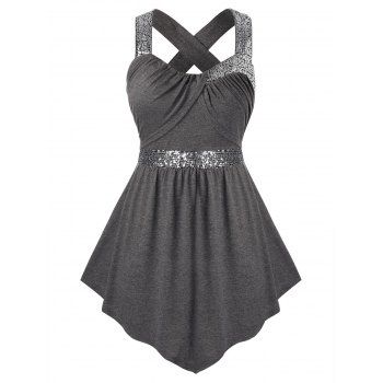 

Plus Size Crisscross Sequins Tank Top, Gray