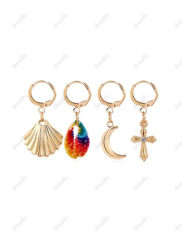 

4Pcs Shell Cross Moon Drop Earrings Set, Gold