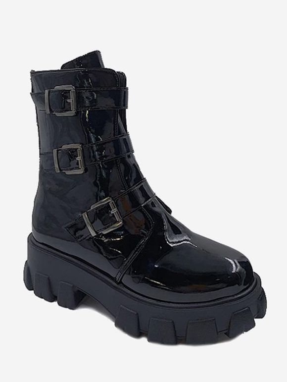 Patent Leather Multi-buckle Platform Ankle Boots - BLACK EU 39