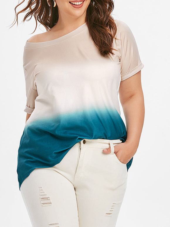 T-shirt Ombre à Manches avec Rebords de Grande Taille - Bleu 2X