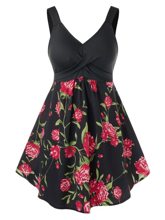 Débardeur Floral Imprimé de Grande Taille - Noir 1X