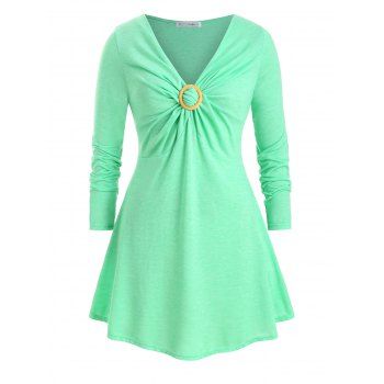 

O Ring Twisted Front V Neck Plus Size Longline Top, Green