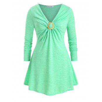 

O Ring Twisted Front V Neck Plus Size Longline Top, Green