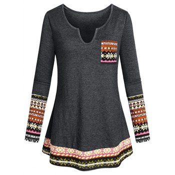 

Plus Size Tribal Print Pocket T Shirt, Battleship gray