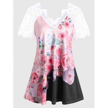 

Plus Size Lace Insert Cut Out Floral Print T Shirt, Pink