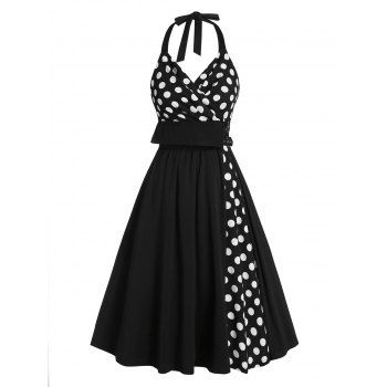 

Halter Polka Dot Print Buckle Strap Vintage Dress, Black