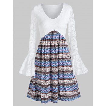 Flare Sleeve Lace Tribal Print Dress, White
