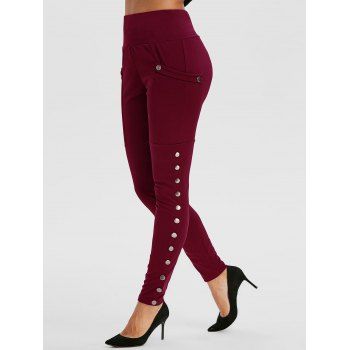 

High Waisted Pocket Snap Button Side Leggings, Red wine