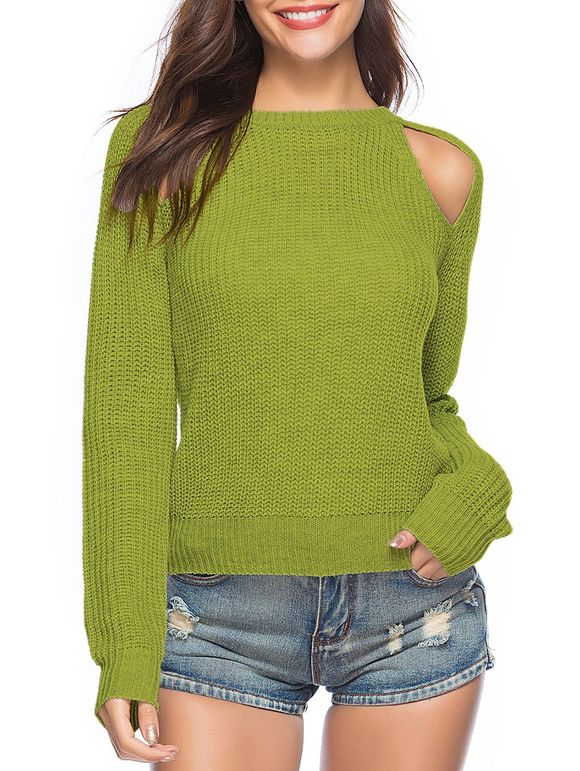Pull Découpé en Couleur Unie à Col Rond - Vert Pistache XL