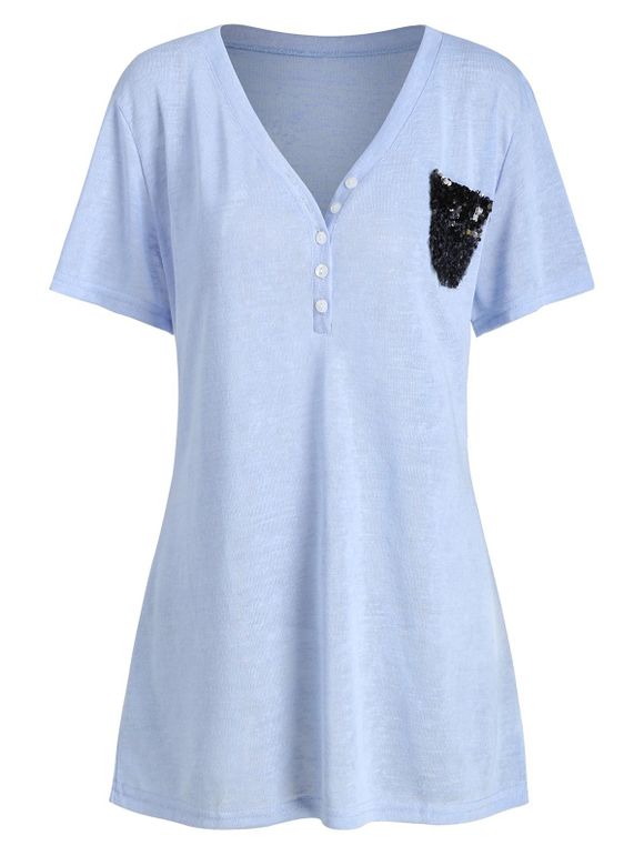 T-shirt à Demi-Bouton avec Poches de Grande Taille à Paillettes - Bleu clair 3X