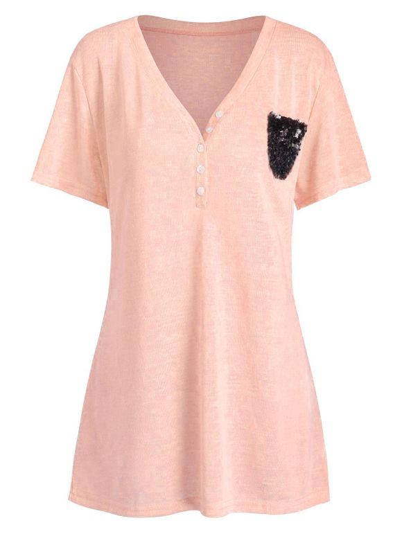 T-shirt à Demi-Bouton avec Poches de Grande Taille à Paillettes - Rose clair 5X