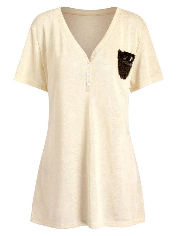 T-shirt à Demi-Bouton avec Poches de Grande Taille à Paillettes - Kaki Léger 3X