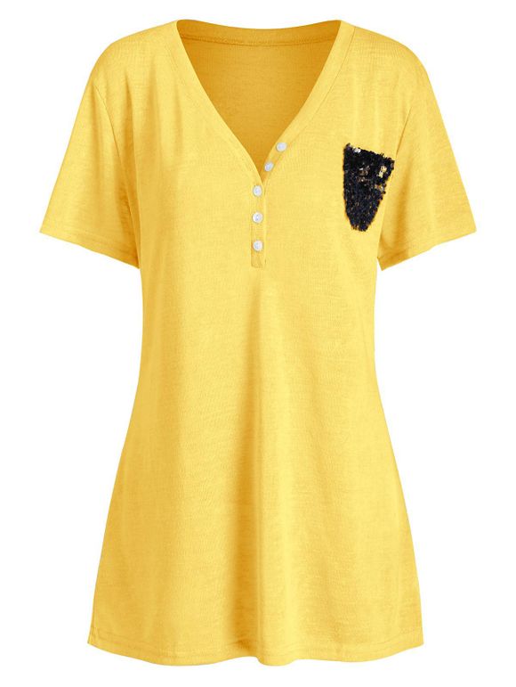 T-shirt à Demi-Bouton avec Poches de Grande Taille à Paillettes - Jaune Soleil 5X