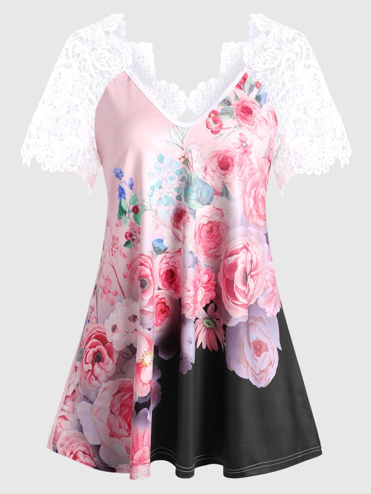 Plus Size Lace Insert Cut Out Floral Print T Shirt - PINK L