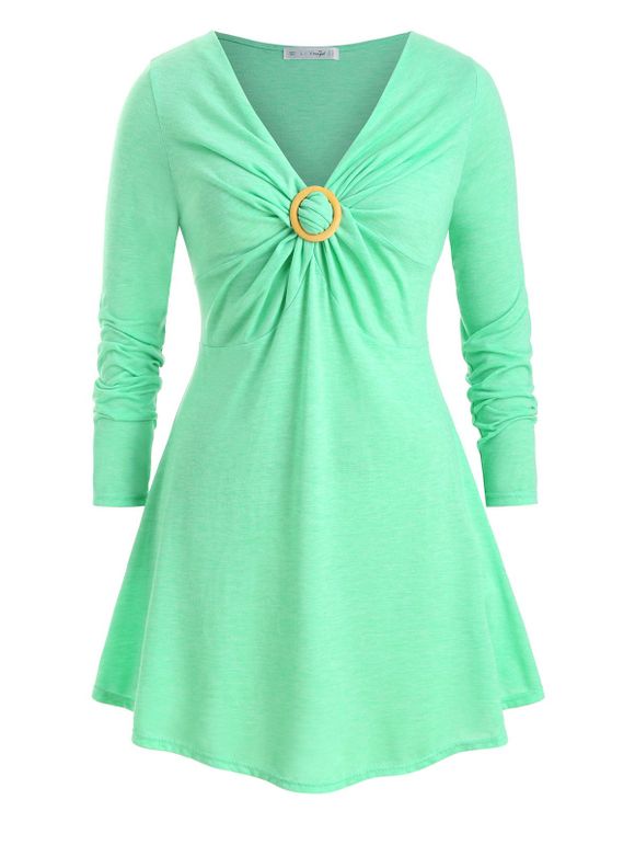 Haut Long Tordu en Avant Bague en O de Grande Taille à Col V - Vert 5X
