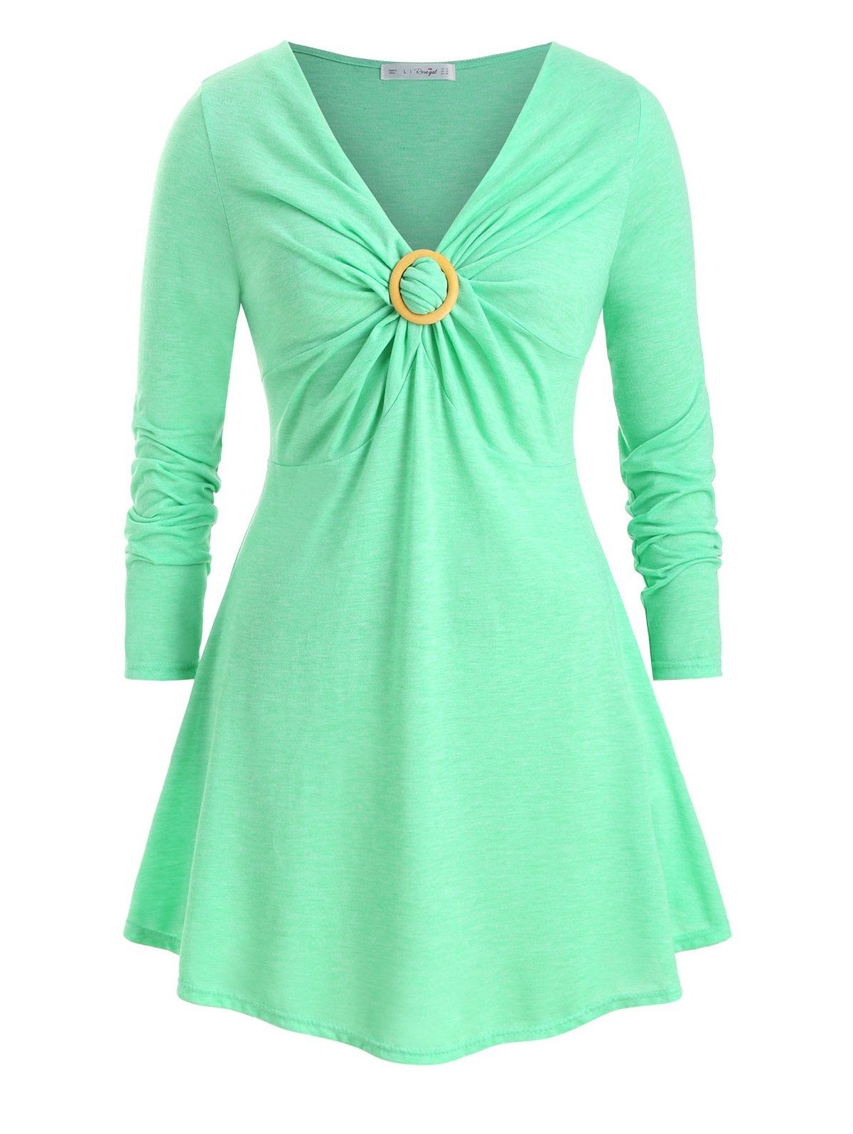 

O Ring Twisted Front V Neck Plus Size Longline Top, Green