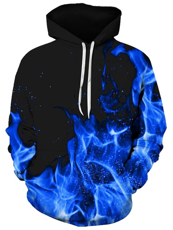 Sweat à Capuche Motif de Flamme avec Poche Kangourou - Bleu 3XL