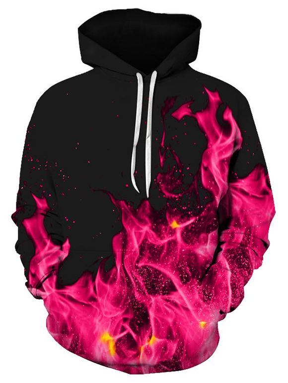 Sweat à Capuche Motif de Flamme avec Poche Kangourou - Rouge Rose 3XL