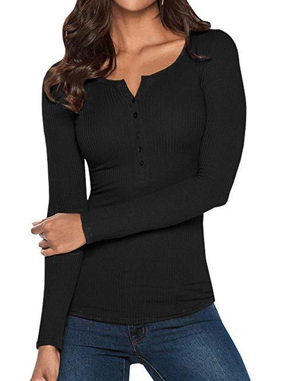 T-shirt en Couleur Unie à Manches Longues avec Demi-Bouton - Noir M