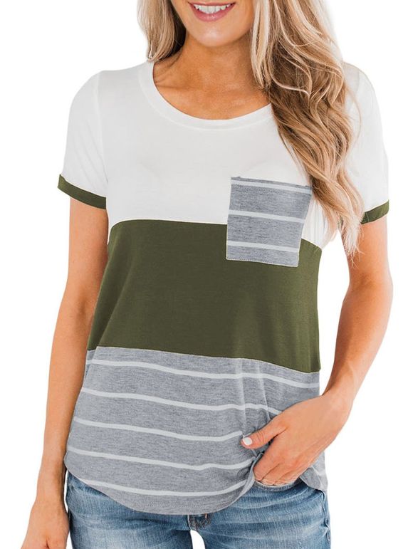 T-shirt Rayé avec Poche à Manches Courtes - Vert Camouflage S