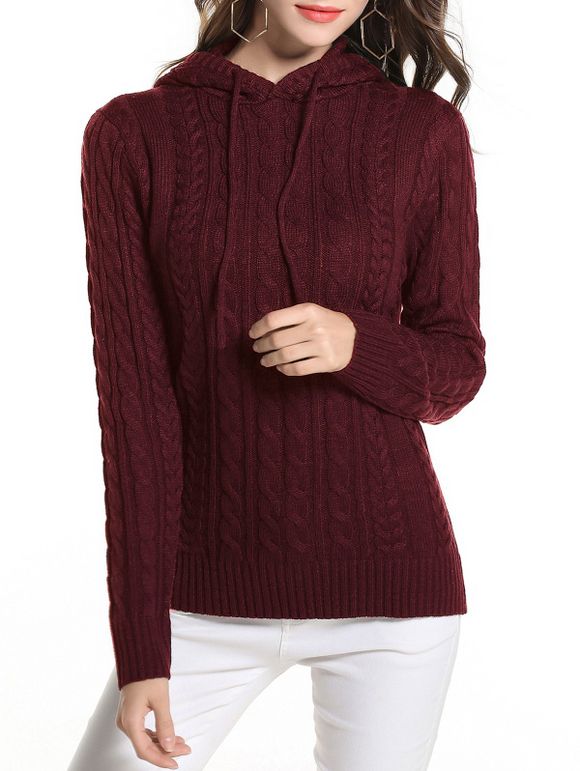 Pull à Capuche en Tricot à Câble à Cordon - Rouge Vineux S