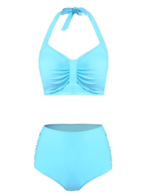 Maillot de Bain Bikini Simple à Col Halter à Volants - Bleu Ciel Léger 3XL