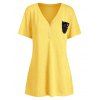 T-shirt à Demi-Bouton avec Poches de Grande Taille à Paillettes - Jaune Soleil 5X