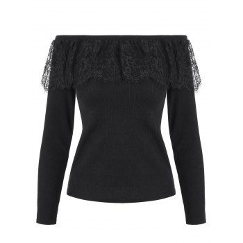 

Lace Panel Off Shoulder Crop Knitwear, Black