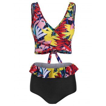 

Leaf Print Knot Ruffle Bikini Swimsuit, Multicolor