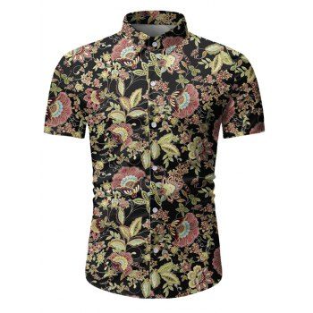

Flower Leaf Pattern Button Short Sleeves Shirt, Black