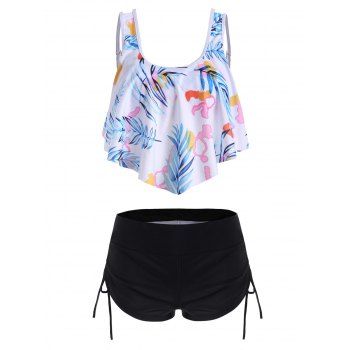 

Overlay Flounces Cinched Leaves Print Tankini Swimsuit, Blue