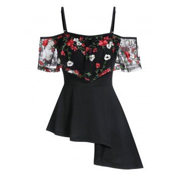 

Flower Embroidered Open Shoulder Asymmetric T-shirt, Black