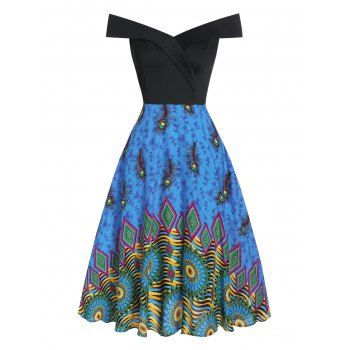 

Off The Shoulder Feather Print Flare Dress, Black