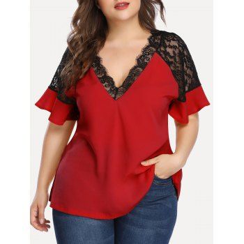 

Plus Size Contrast Lace Low Cut Blouse, Red