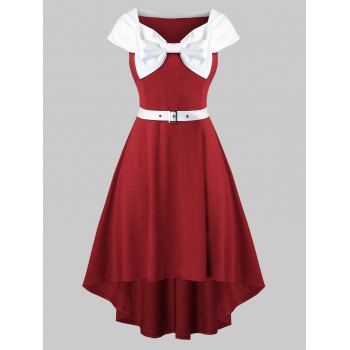 

Plus Size Bowknot Collar A Line Dress, Red wine