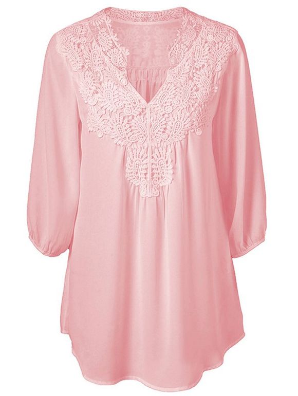 Blouse Applique en Dentelle de Grande Taille en Mousseline - Rose 2X