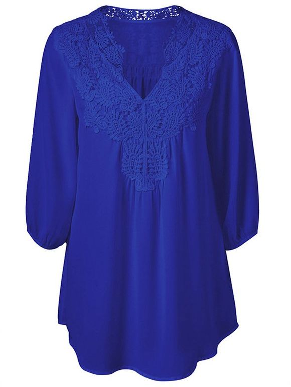Blouse Applique en Dentelle de Grande Taille en Mousseline - Bleu L