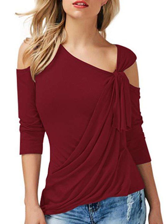 T-shirt Drapé en Avant Noué à Epaule Dénudée - Rouge Vineux M