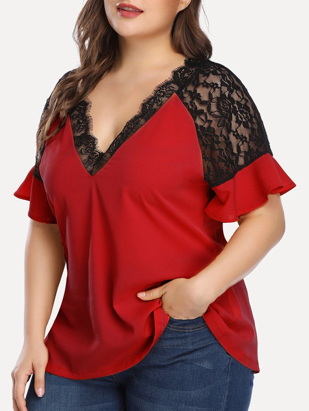 [27% OFF] 2020 Plus Size Contrast Lace Low Cut Blouse In RED | DressLily