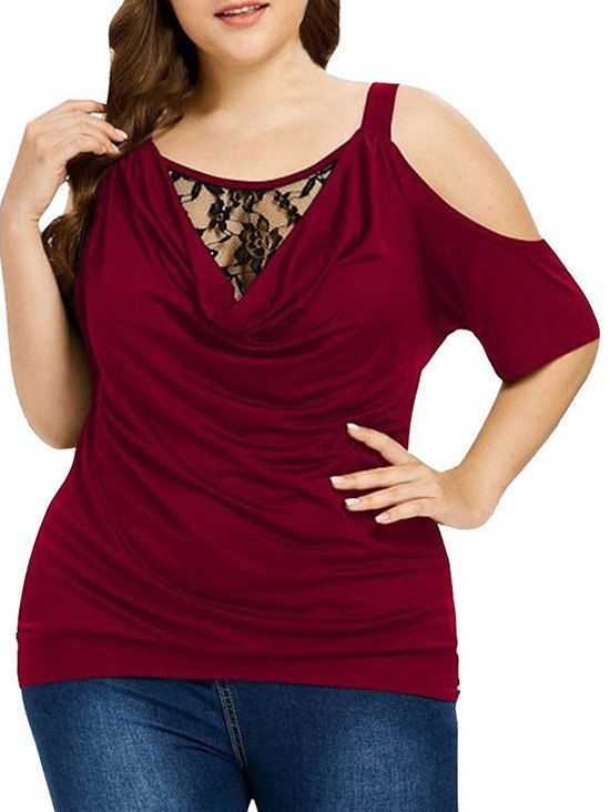 T-shirt à Epaule Dénudée de Grande Taille - Rouge Vineux 3X