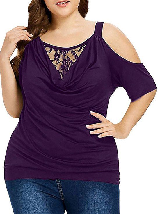 T-shirt à Epaule Dénudée de Grande Taille - Iris Pourpre 5X