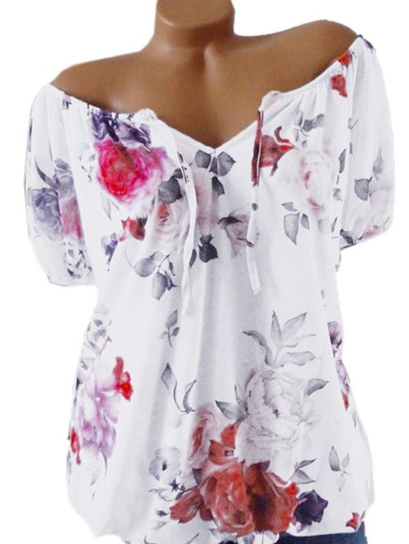 Blouse Fleurie Imprimée à Epaule Dénudée de Grande Taille - Blanc 3X