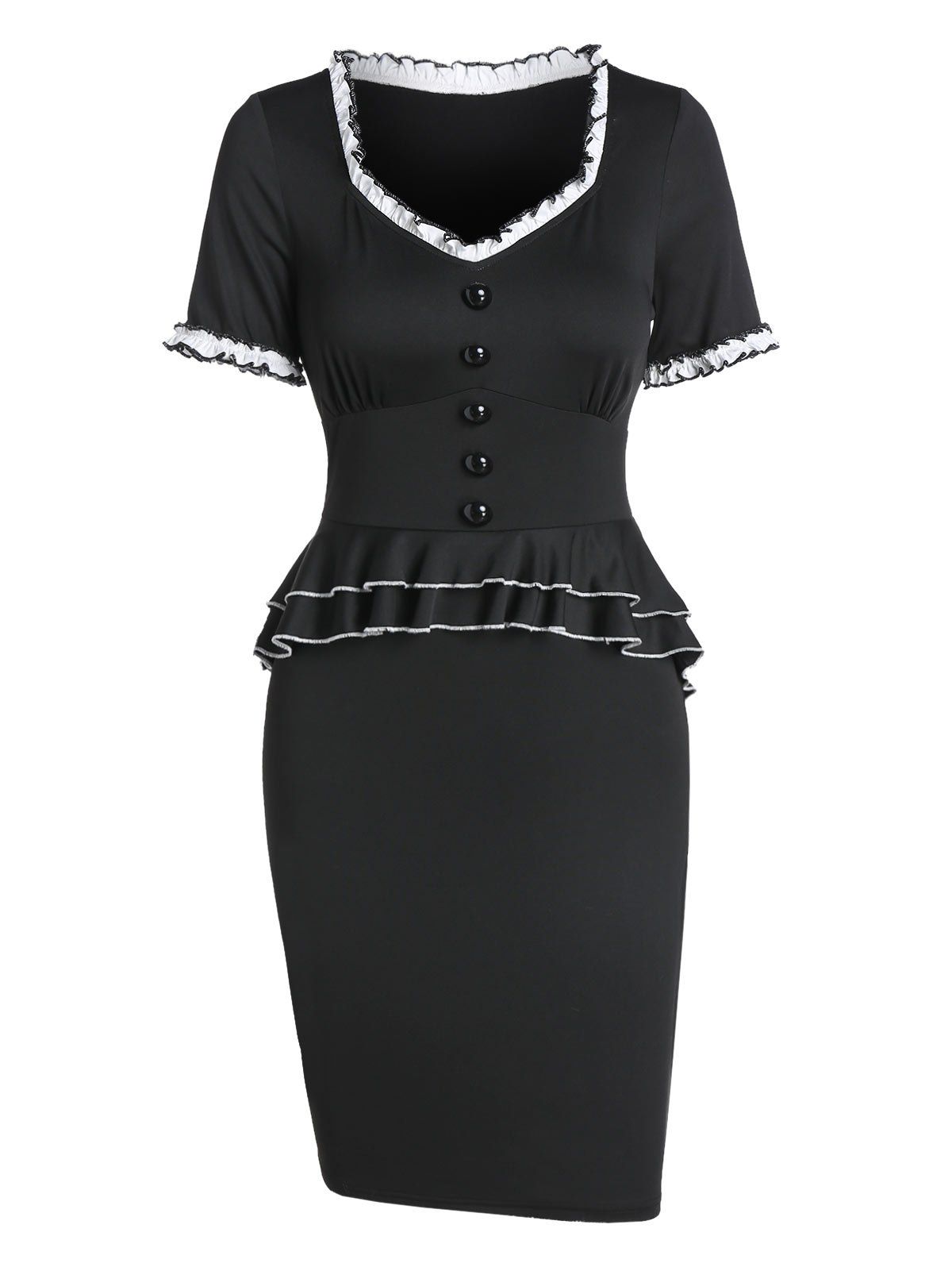 Sheath Peplum Dress Contrast Frilled Lettuce Trim Ruffle High Waisted Fitted Dress - BLACK M