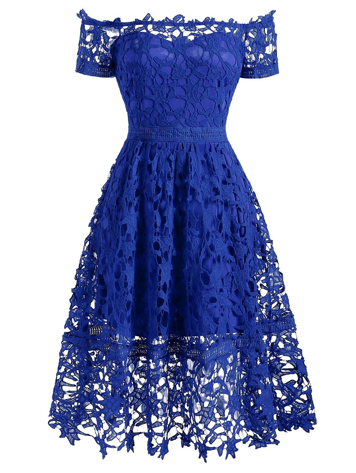 Off Shoulder Lace Party Dress - BLUE S