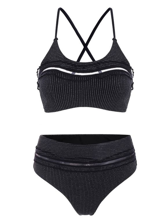 Gothic Metallic Bikini Swimsuit Cheeky Crisscross Swimwear Set - BLACK XL