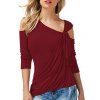T-shirt Drapé en Avant Noué à Epaule Dénudée - Rouge Vineux M