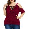 T-shirt à Epaule Dénudée de Grande Taille - Rouge Vineux 3X