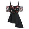 T-shirt Asymétrique Fleur Brodée à Epaule Dénudée - Noir M