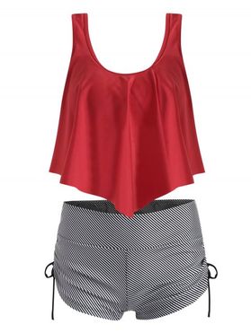 Flounce Overlay Striped Cinched Tankini Swimwear